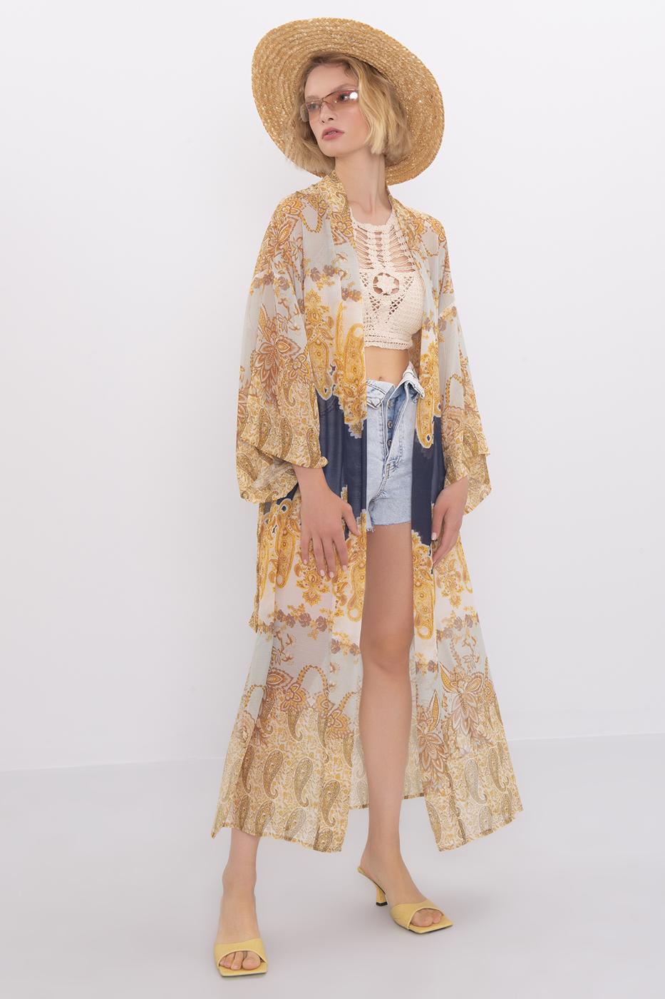 Bayan Sarı Desenli Uzun Kimono