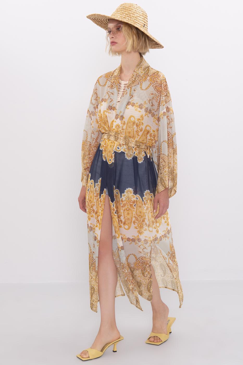 Bayan Sarı Desenli Uzun Kimono