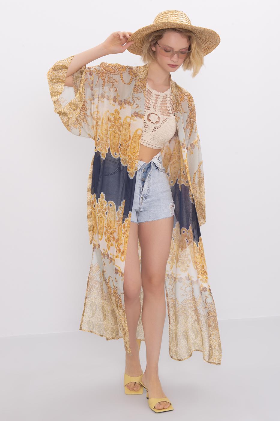 Bayan Sarı Desenli Uzun Kimono