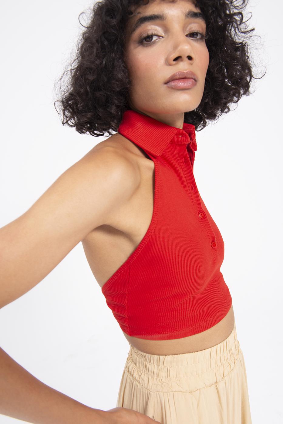 Bayan Kırmızı Yakalı Crop Body