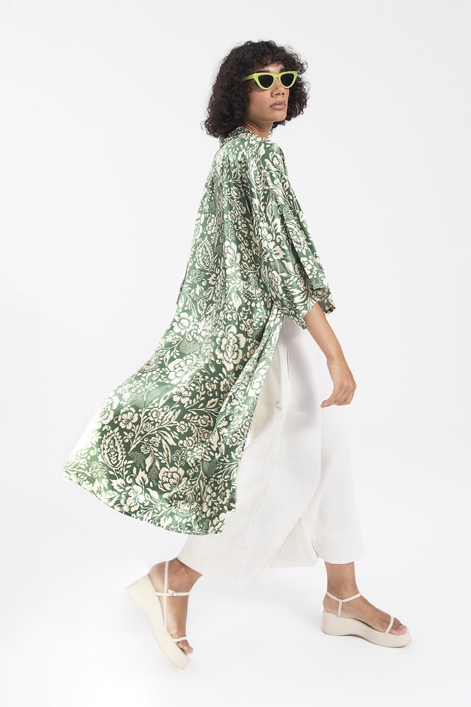 Bayan Yeşil Desenli Kimono
