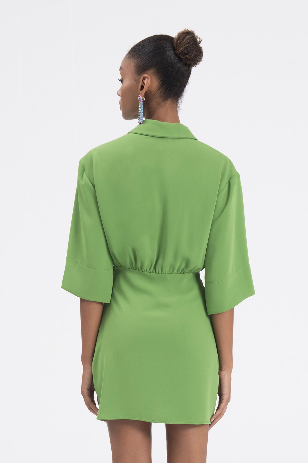 Bayan Yeşil Yakalı Truvukar Kollu Mini Elbise
