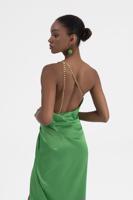 Bayan Yeşil Zincir Askı Tek Omuzlu Uzun Elbise