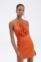 Bayan Oranj Taşlı Askı Detaylı Mini Saten Elbise