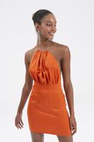 Bayan Oranj Taşlı Askı Detaylı Mini Saten Elbise