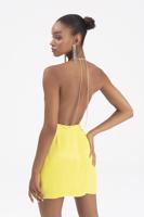 Bayan Sarı Taşlı Askı Detaylı Mini Saten Elbise