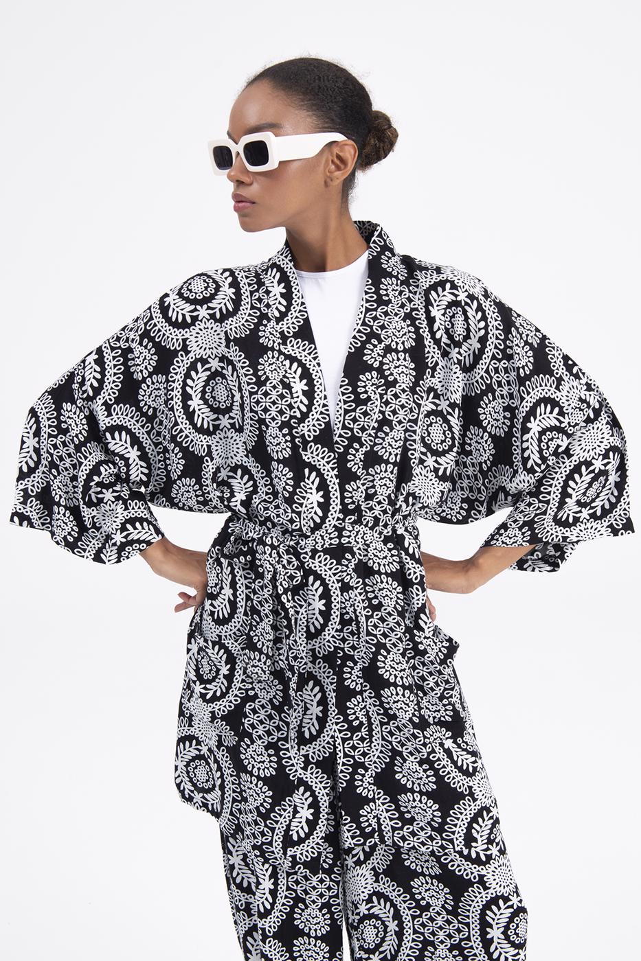 Bayan Siyah Desenli Kısa Kimono