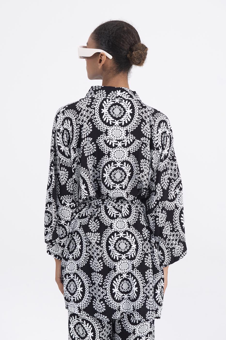 Bayan Siyah Desenli Kısa Kimono
