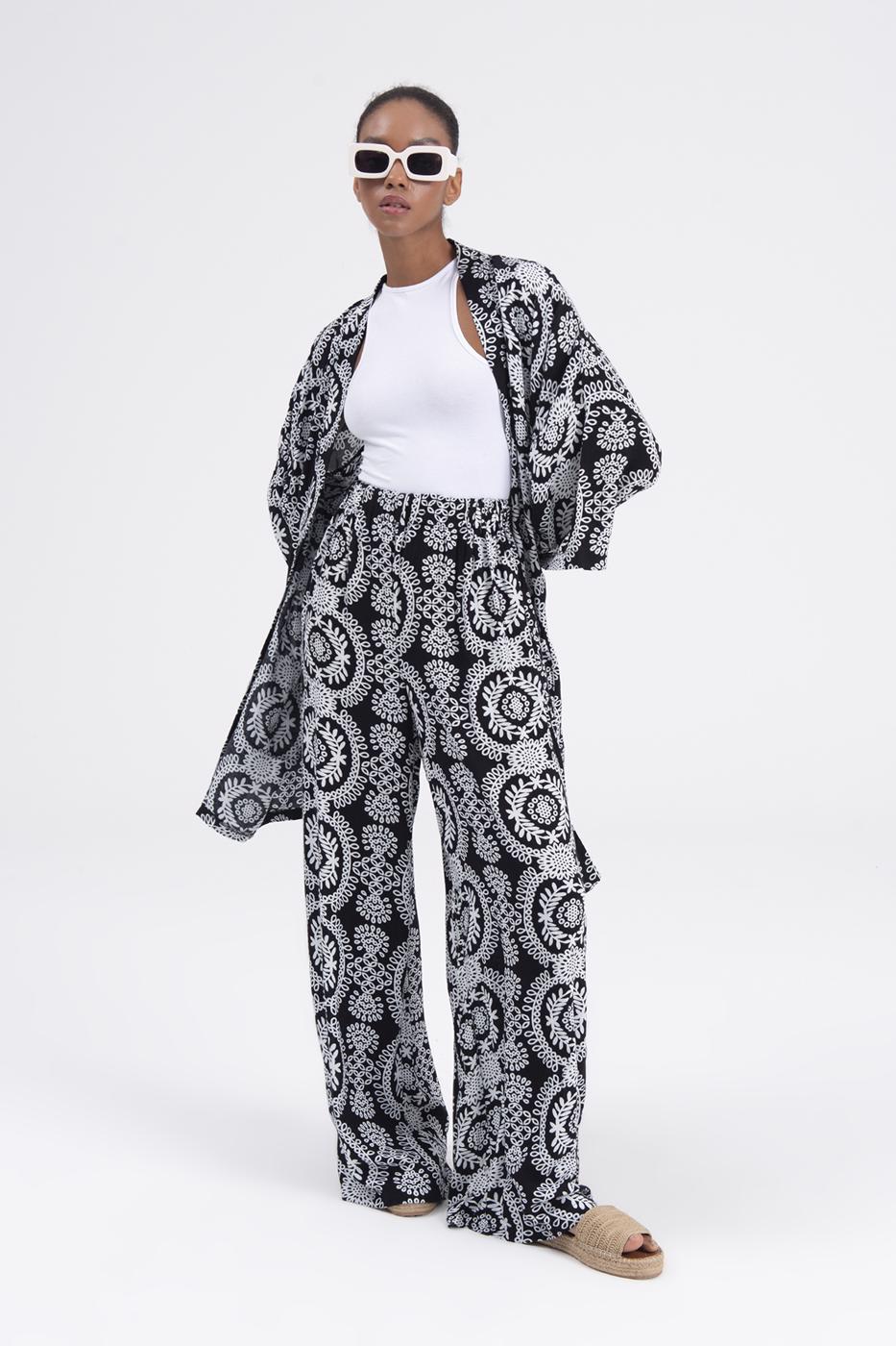 Bayan Siyah Desenli Kısa Kimono