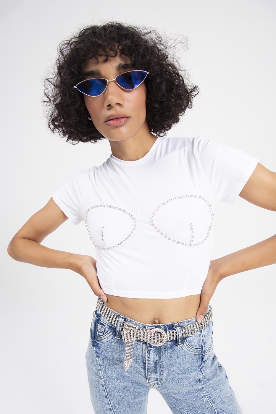 Bayan Beyaz Taşlı Crop Body