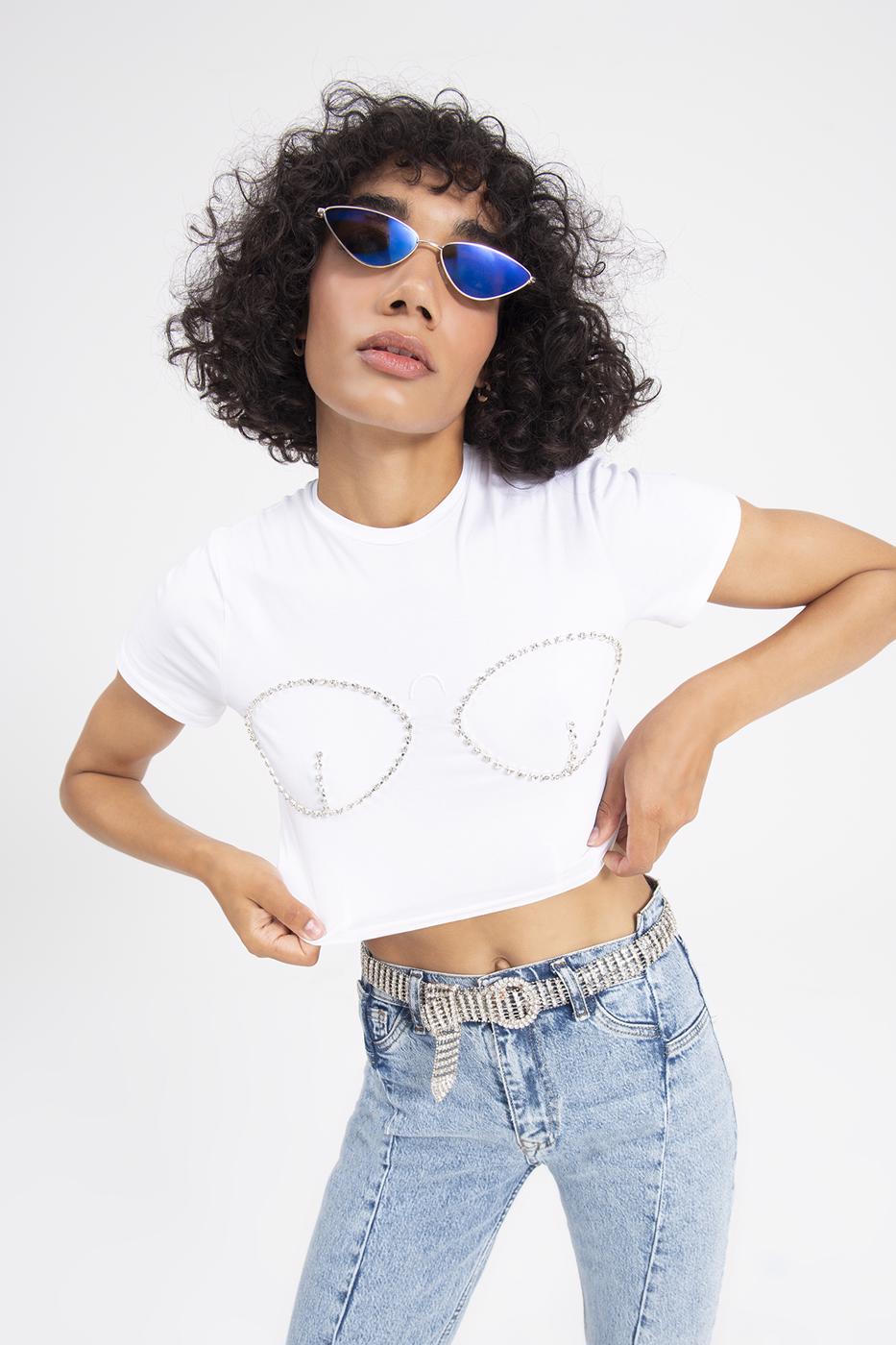 Bayan Beyaz Taşlı Crop Body