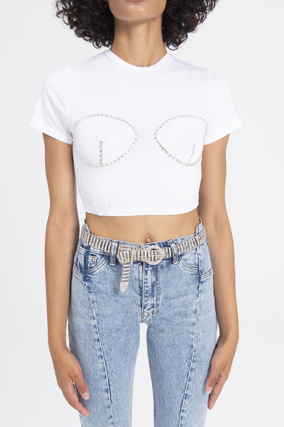 Bayan Beyaz Taşlı Crop Body