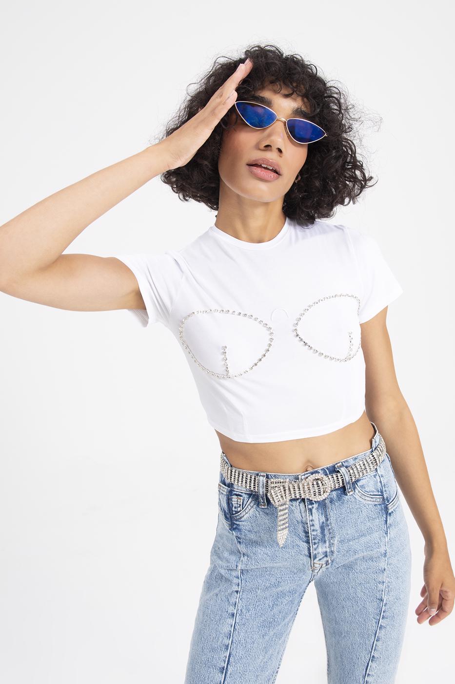 Bayan Beyaz Taşlı Crop Body