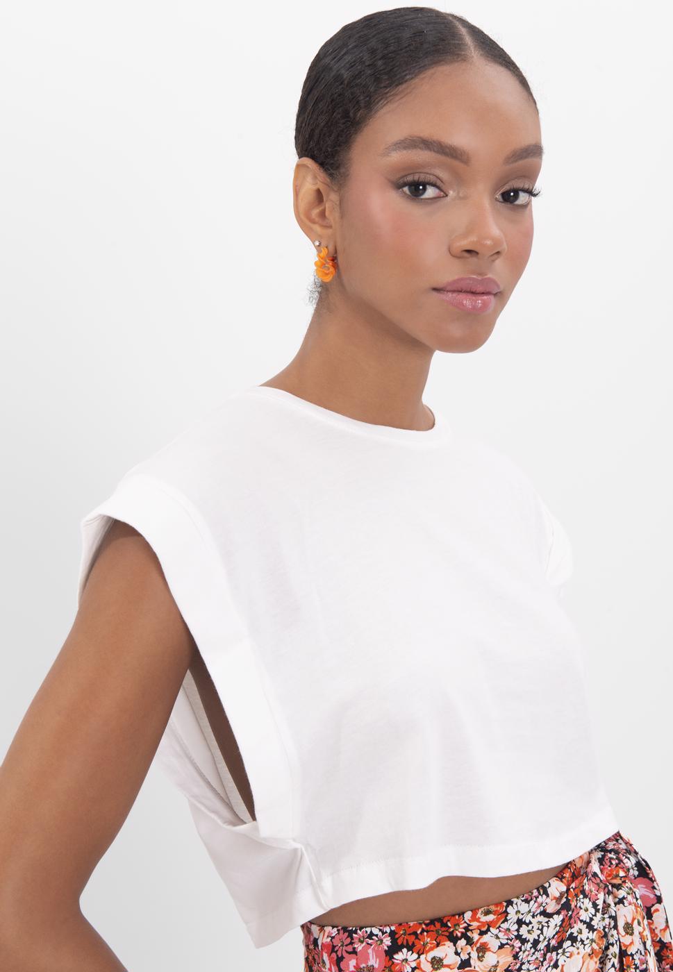 Bayan Ekru Düşük Omuzlu Basic Crop Tshirt