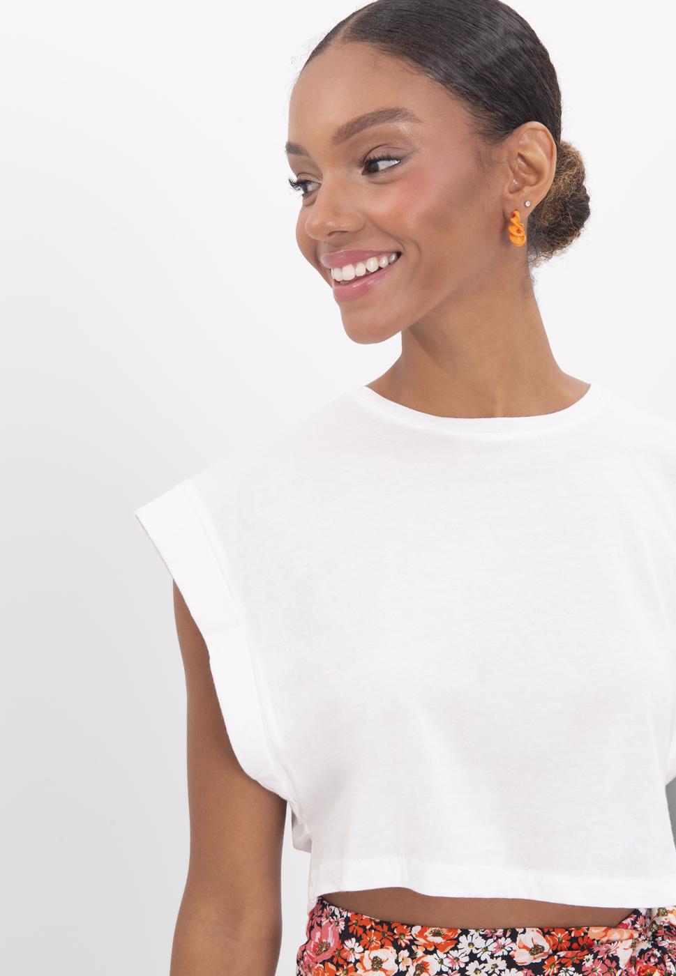 Bayan Ekru Düşük Omuzlu Basic Crop Tshirt