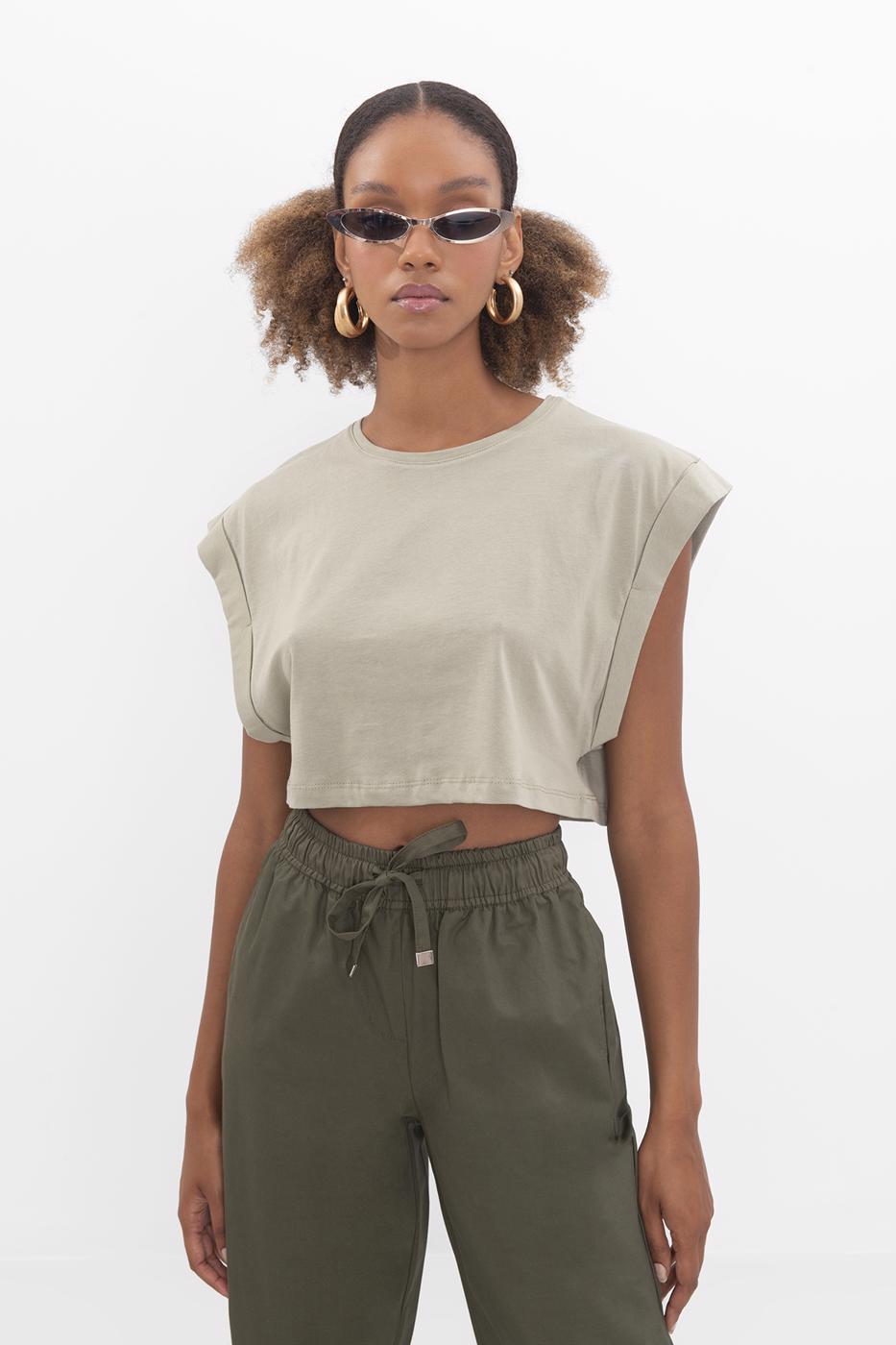 Bayan Haki Düşük Omuzlu Basic Crop Tshirt