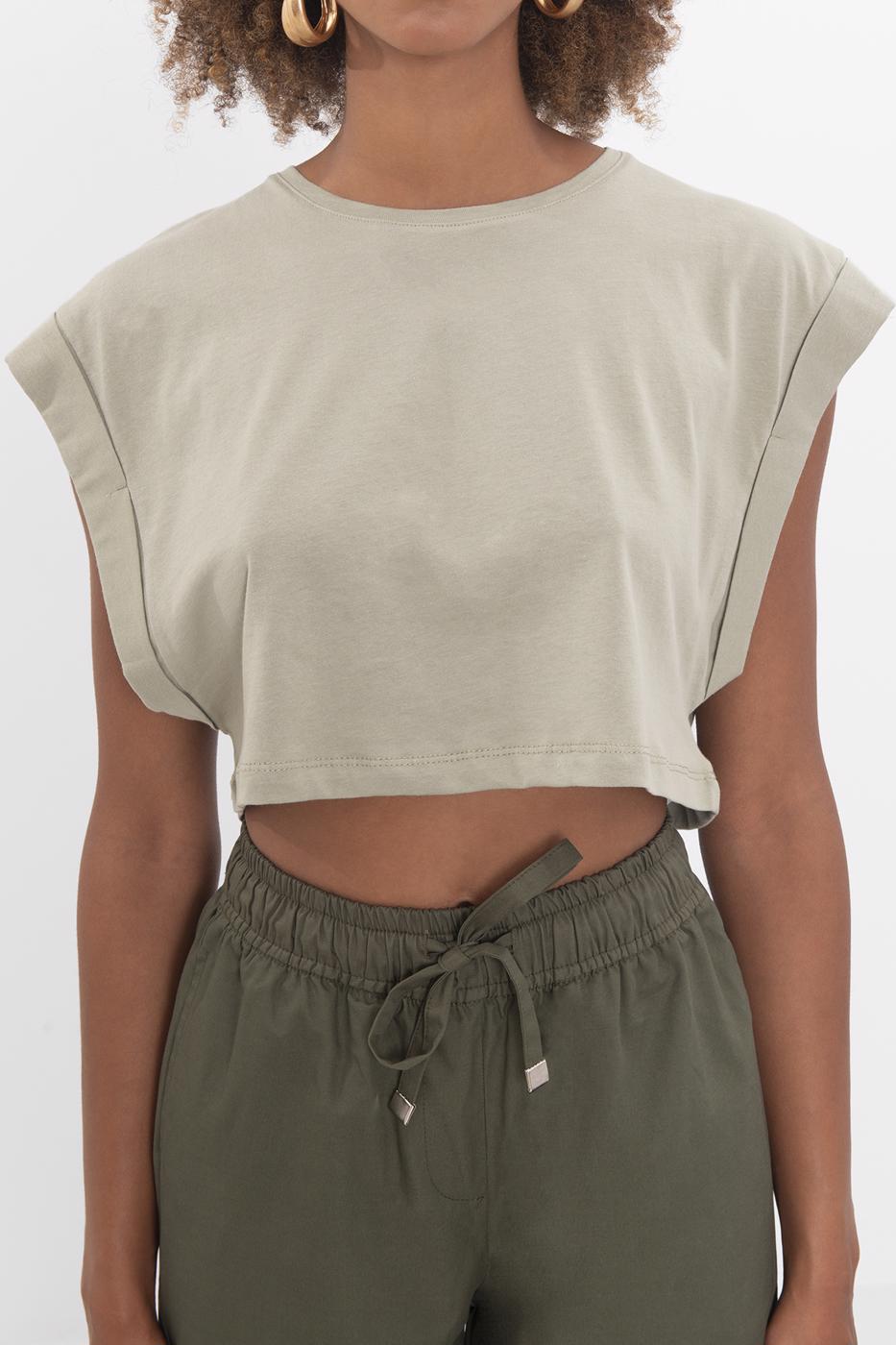Bayan Haki Düşük Omuzlu Basic Crop Tshirt