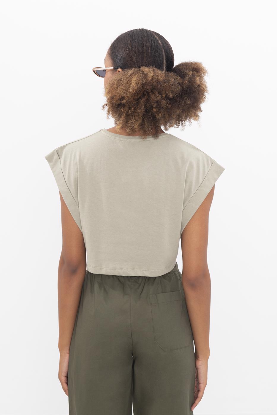 Bayan Haki Düşük Omuzlu Basic Crop Tshirt