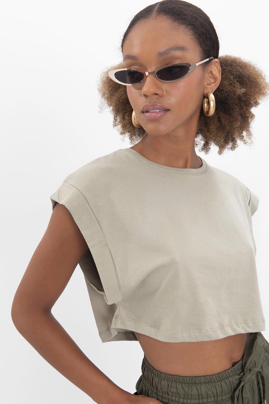 Bayan Haki Düşük Omuzlu Basic Crop Tshirt