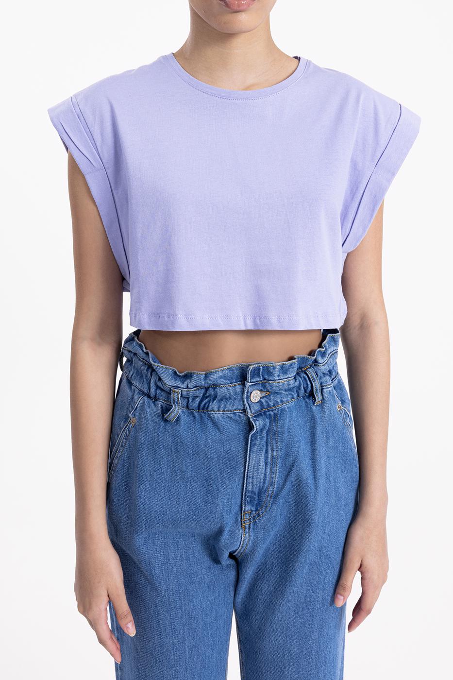 Bayan Lila Düşük Omuzlu Basic Crop Tshirt