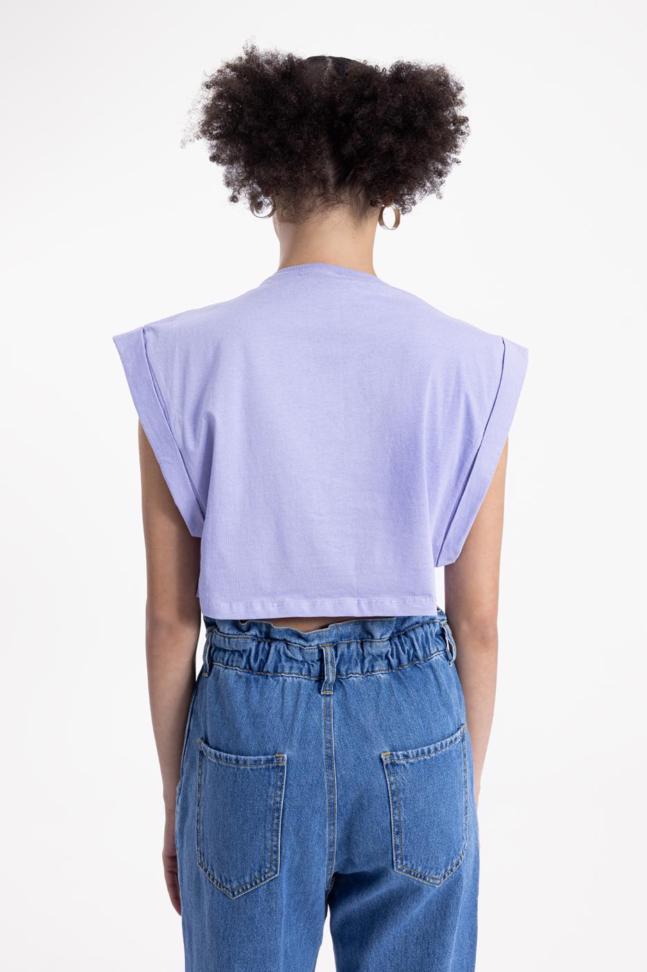 Bayan Lila Düşük Omuzlu Basic Crop Tshirt