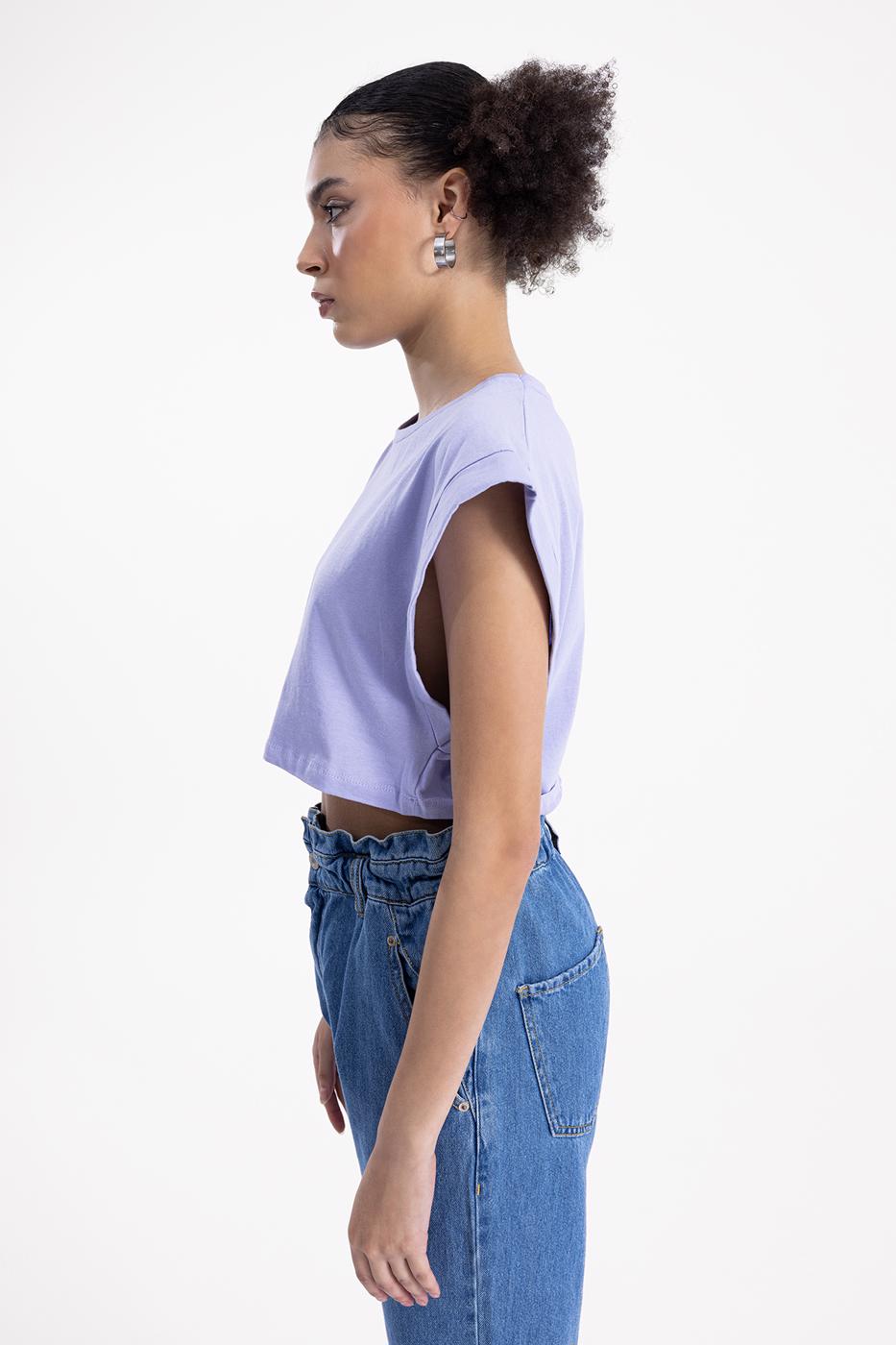 Bayan Lila Düşük Omuzlu Basic Crop Tshirt