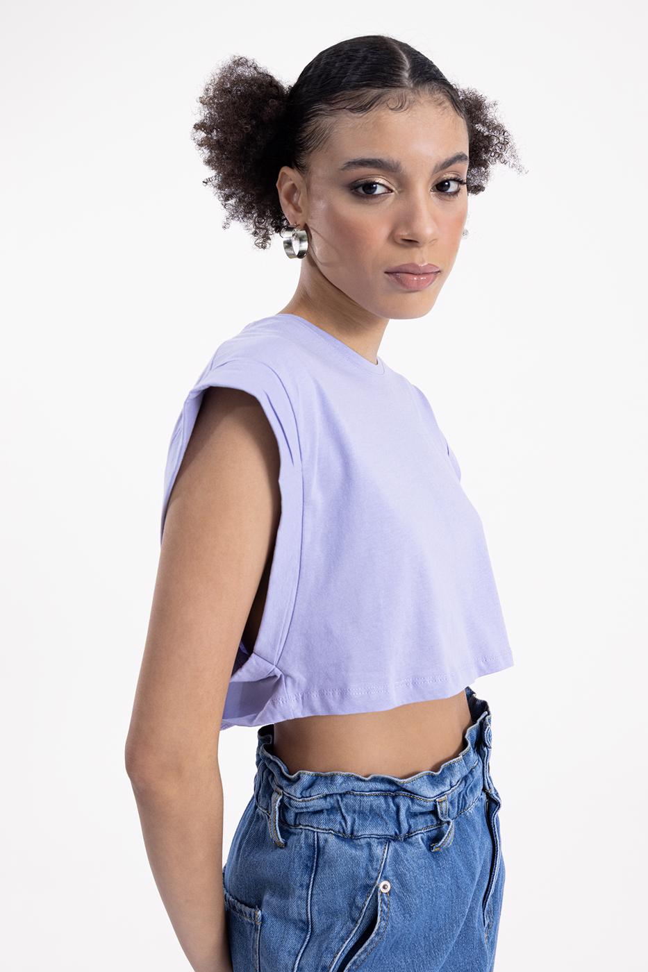 Bayan Lila Düşük Omuzlu Basic Crop Tshirt