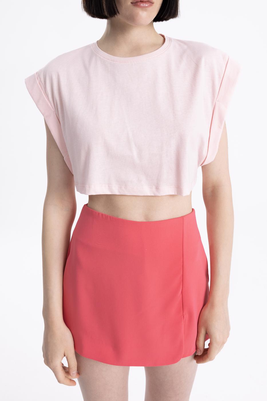 Bayan Pembe Düşük Omuzlu Basic Crop Tshirt