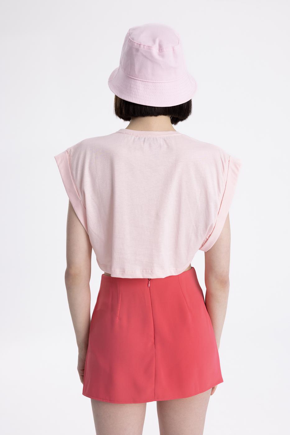 Bayan Pembe Düşük Omuzlu Basic Crop Tshirt