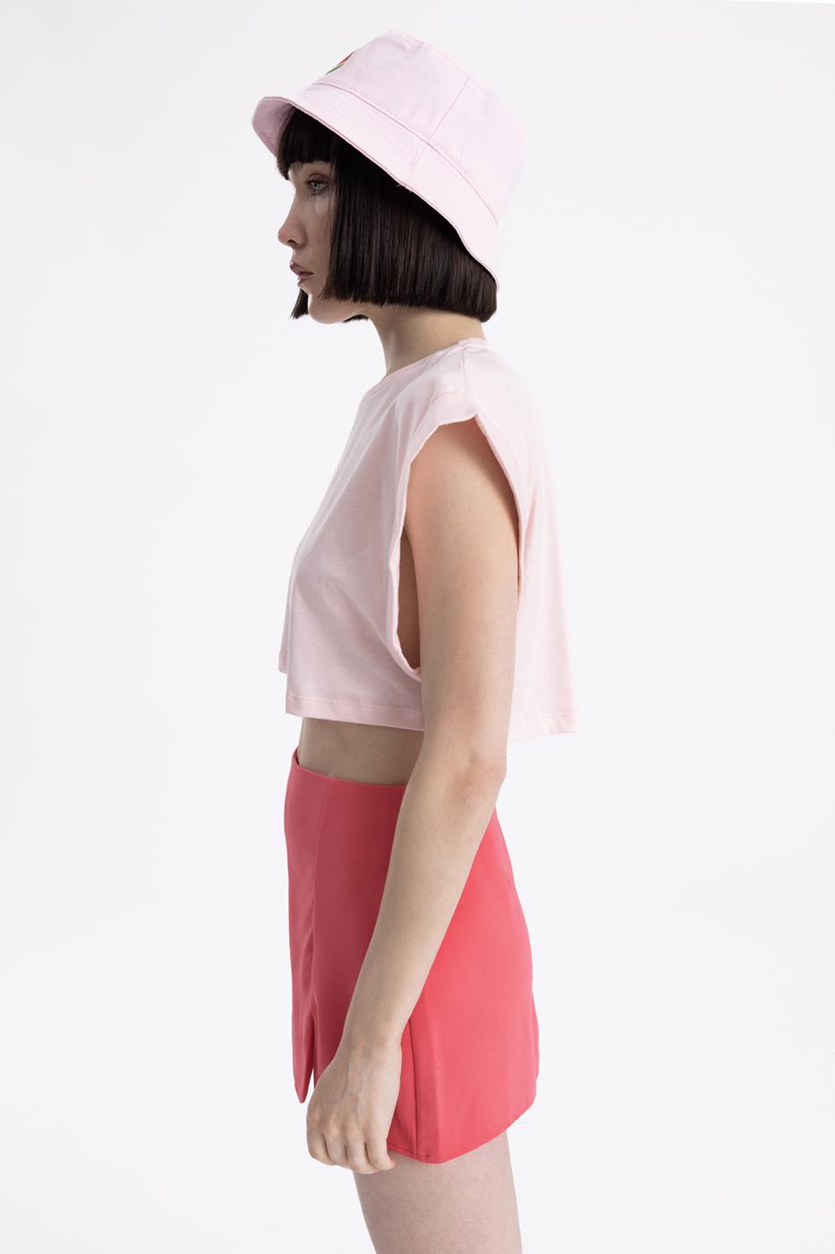 Bayan Pembe Düşük Omuzlu Basic Crop Tshirt