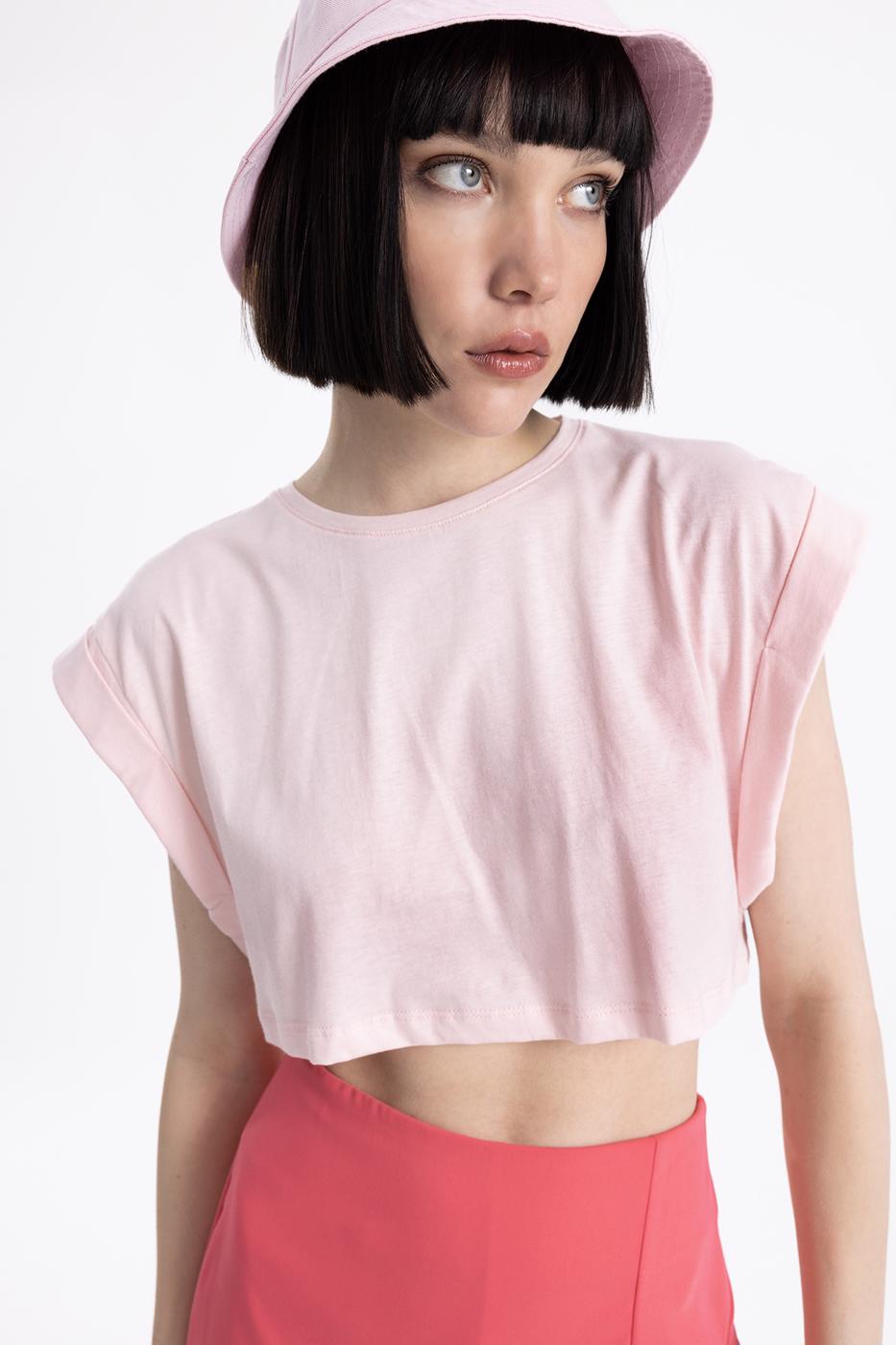 Bayan Pembe Düşük Omuzlu Basic Crop Tshirt