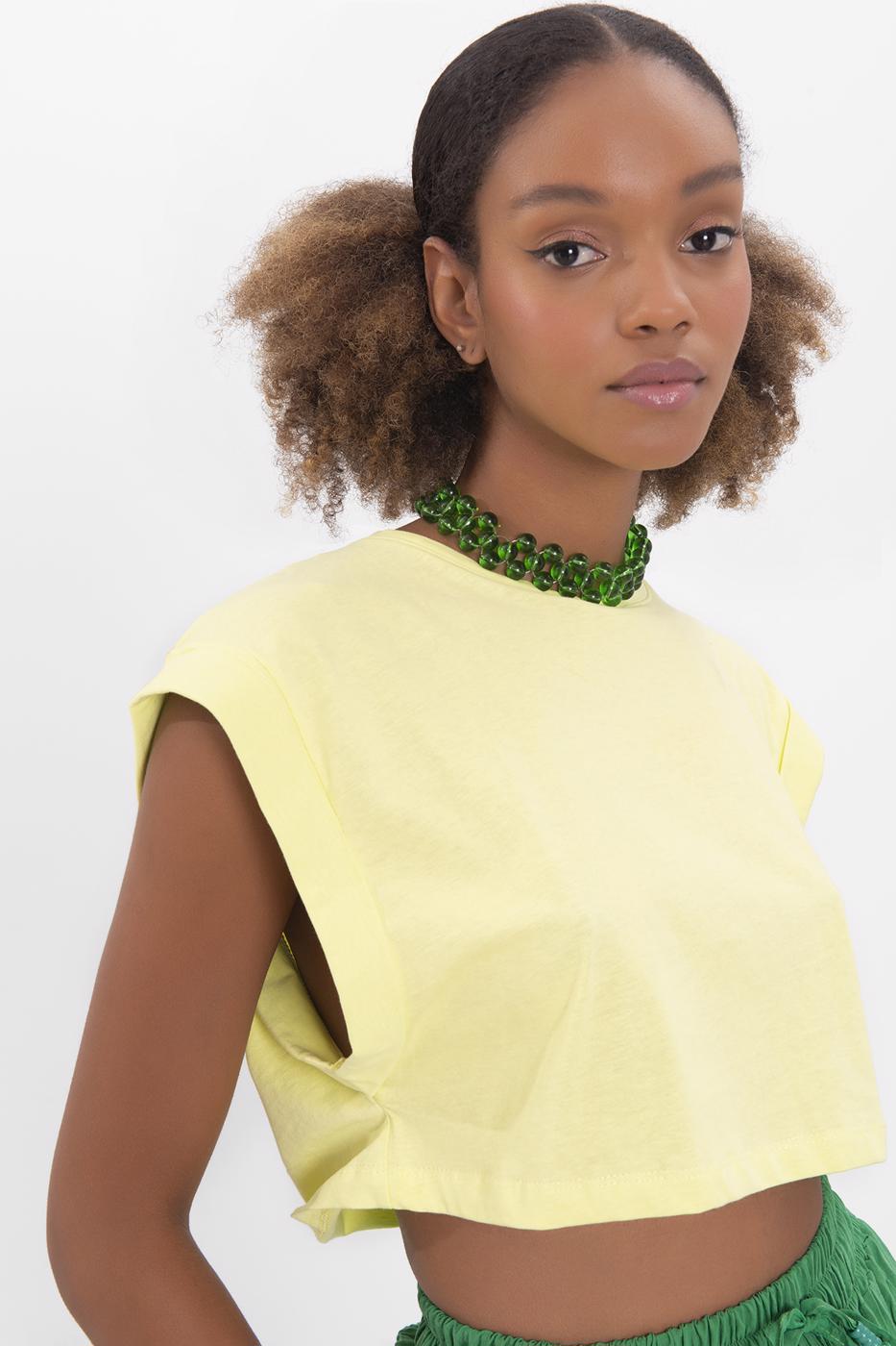 Bayan Sarı Düşük Omuzlu Basic Crop Tshirt