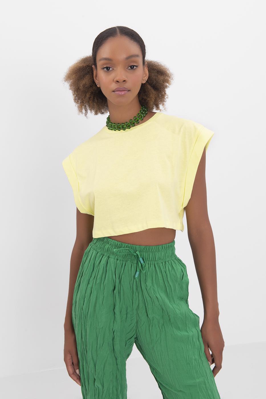 Bayan Sarı Düşük Omuzlu Basic Crop Tshirt