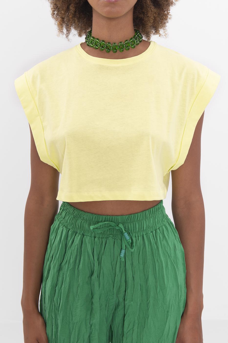 Bayan Sarı Düşük Omuzlu Basic Crop Tshirt