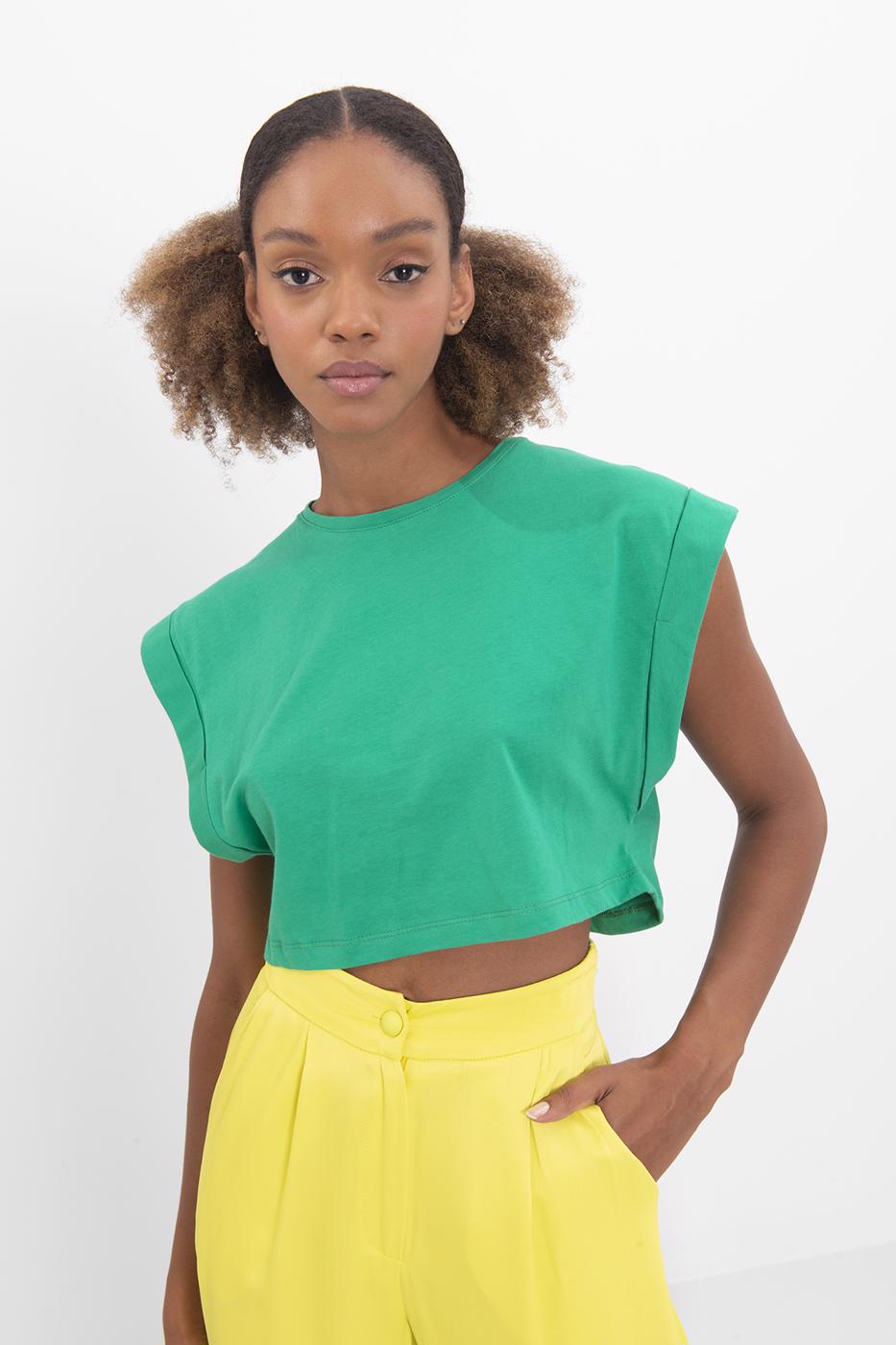 Bayan Yeşil Düşük Omuzlu Basic Crop Tshirt