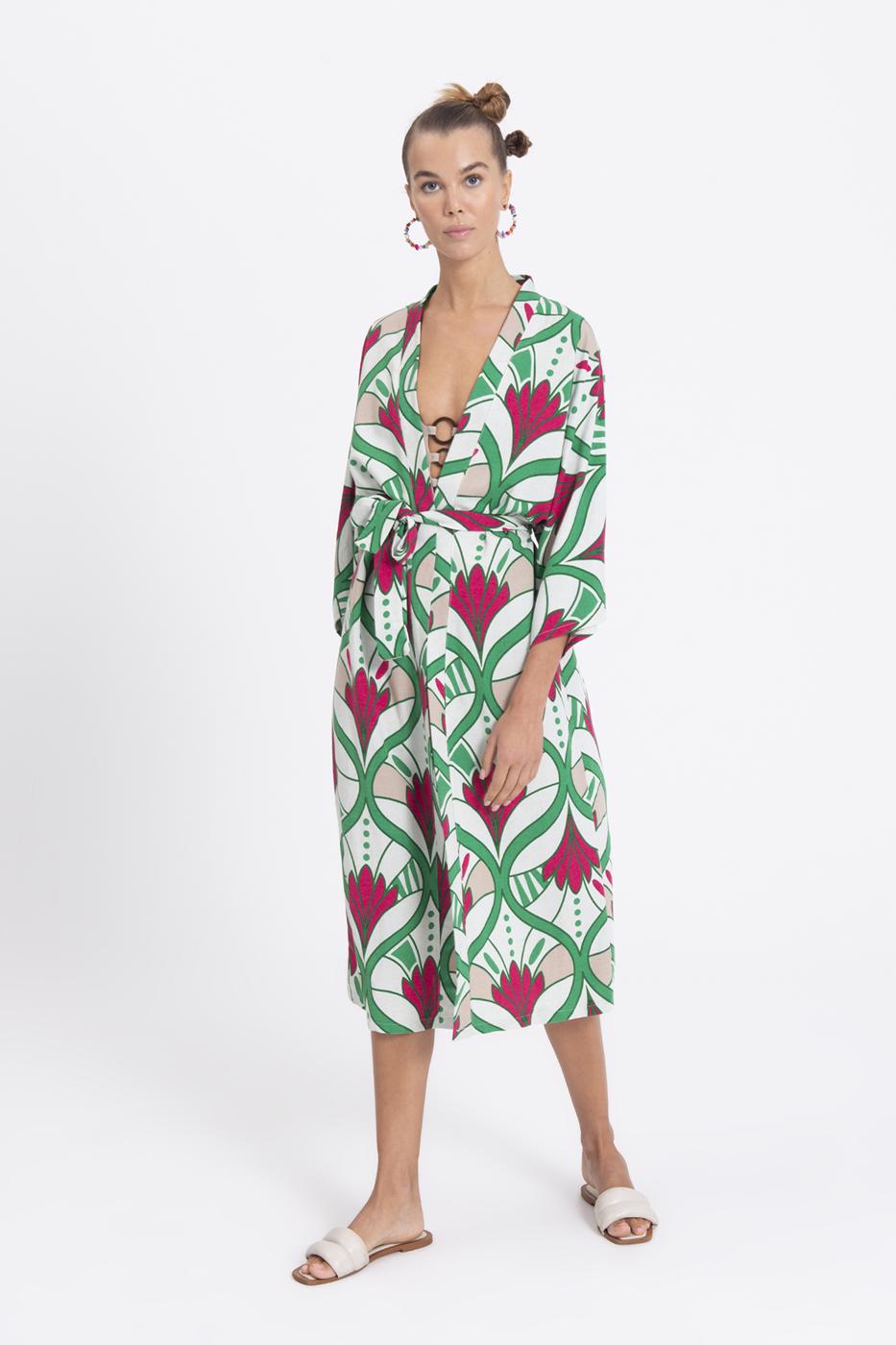 Bayan Yeşil Keten Karışımlı Desenli Kimono