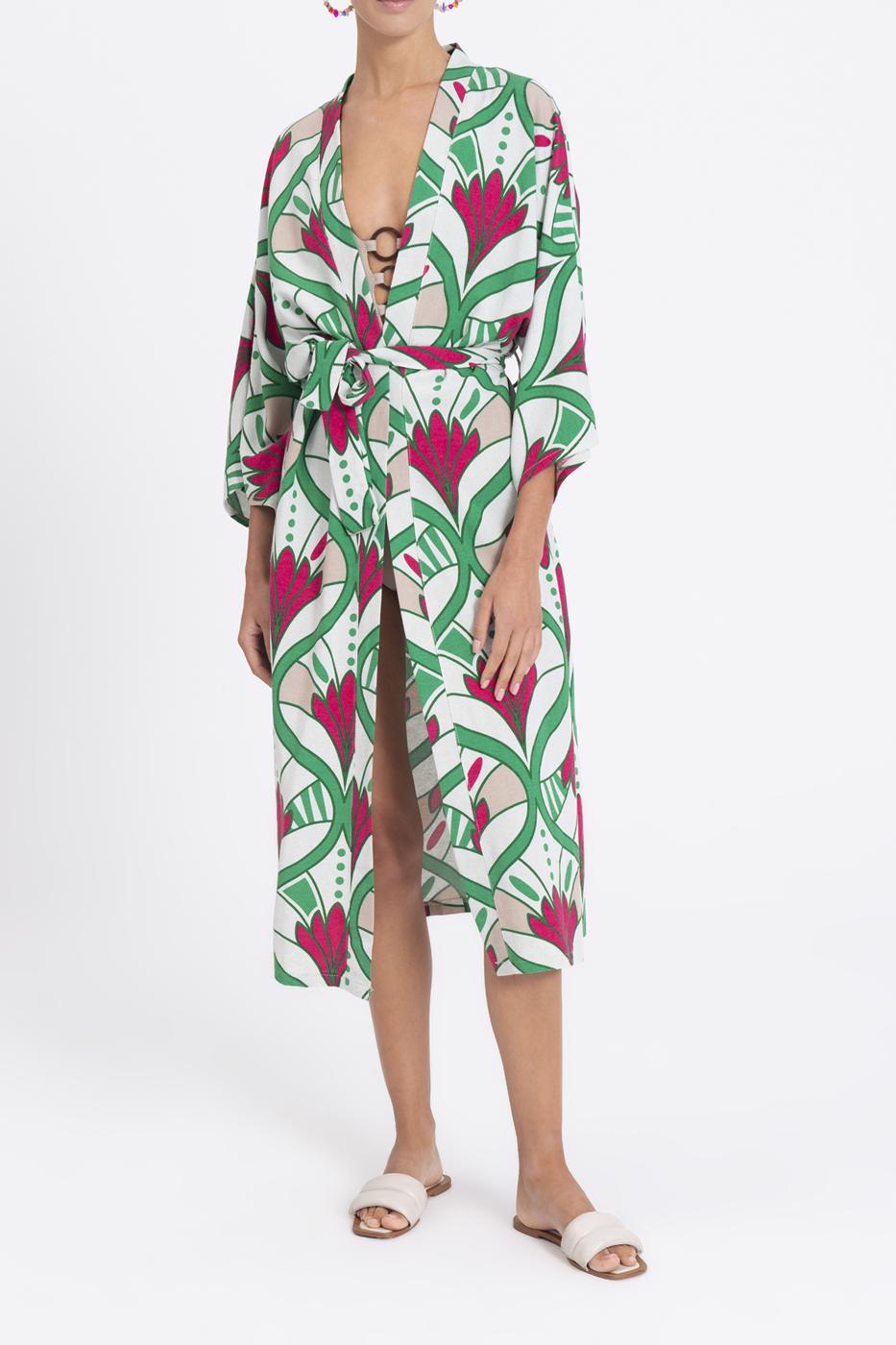 Bayan Yeşil Keten Karışımlı Desenli Kimono