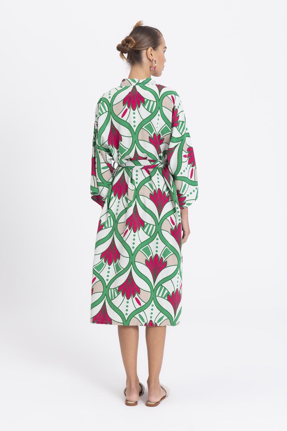 Bayan Yeşil Keten Karışımlı Desenli Kimono