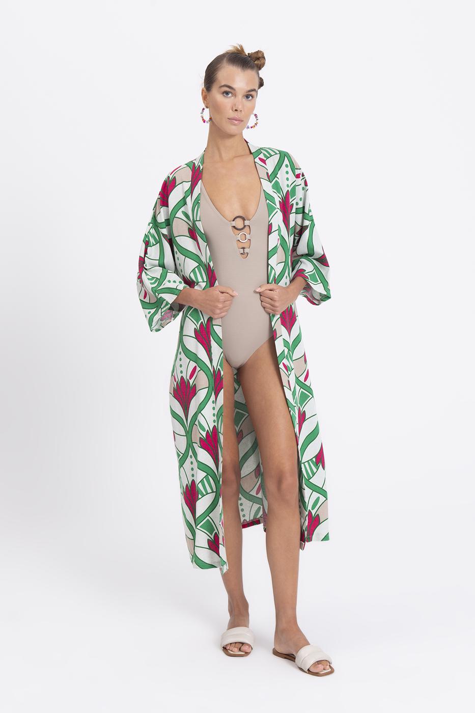 Bayan Yeşil Keten Karışımlı Desenli Kimono