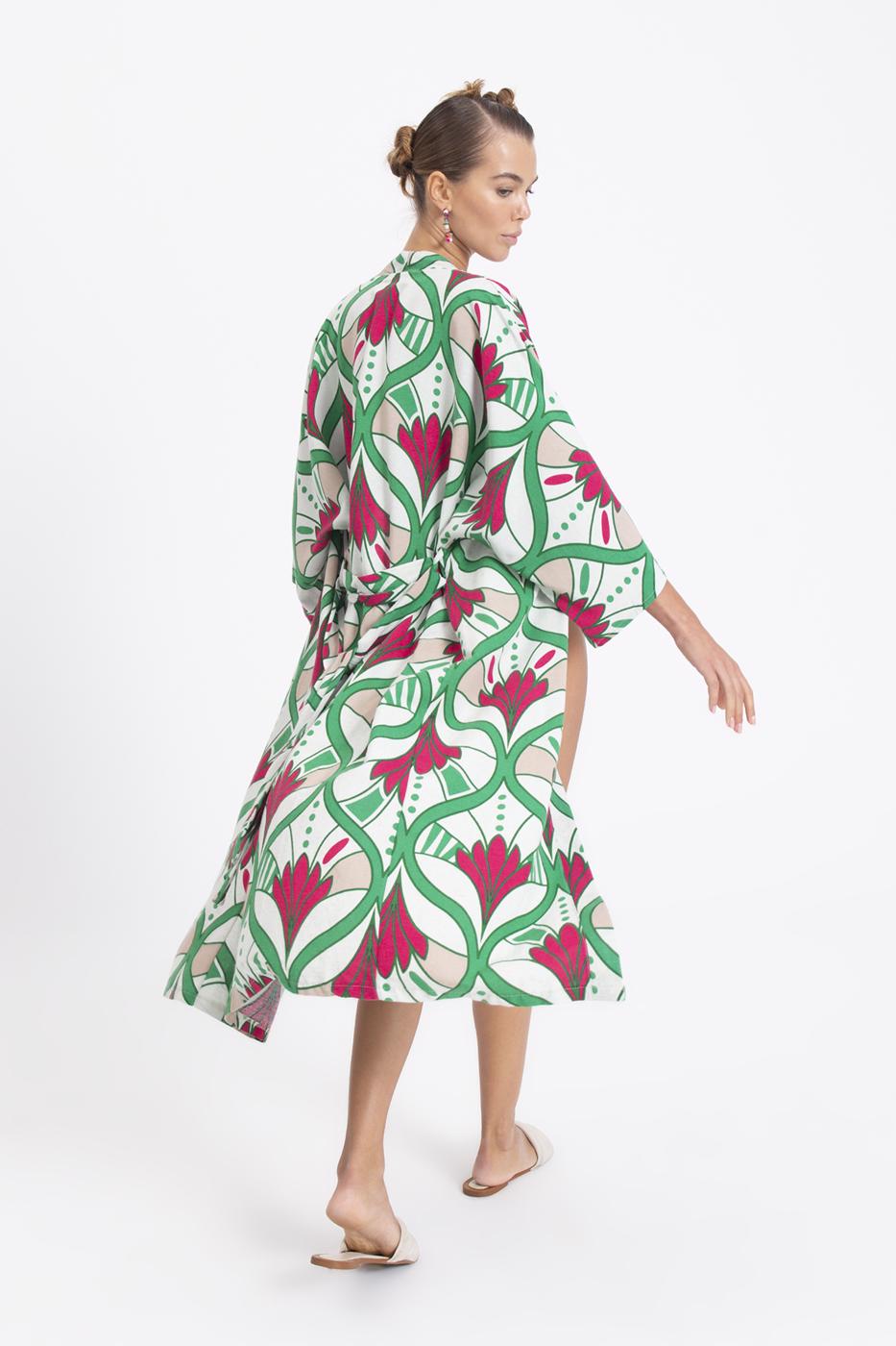 Bayan Yeşil Keten Karışımlı Desenli Kimono