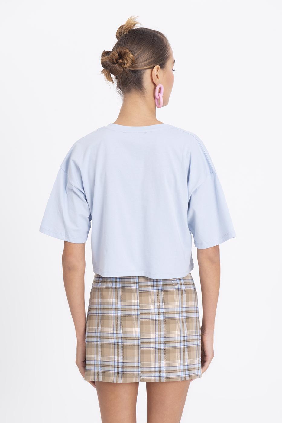 Bayan Mavi V Yaka Kısa Kollu Crop Tshirt