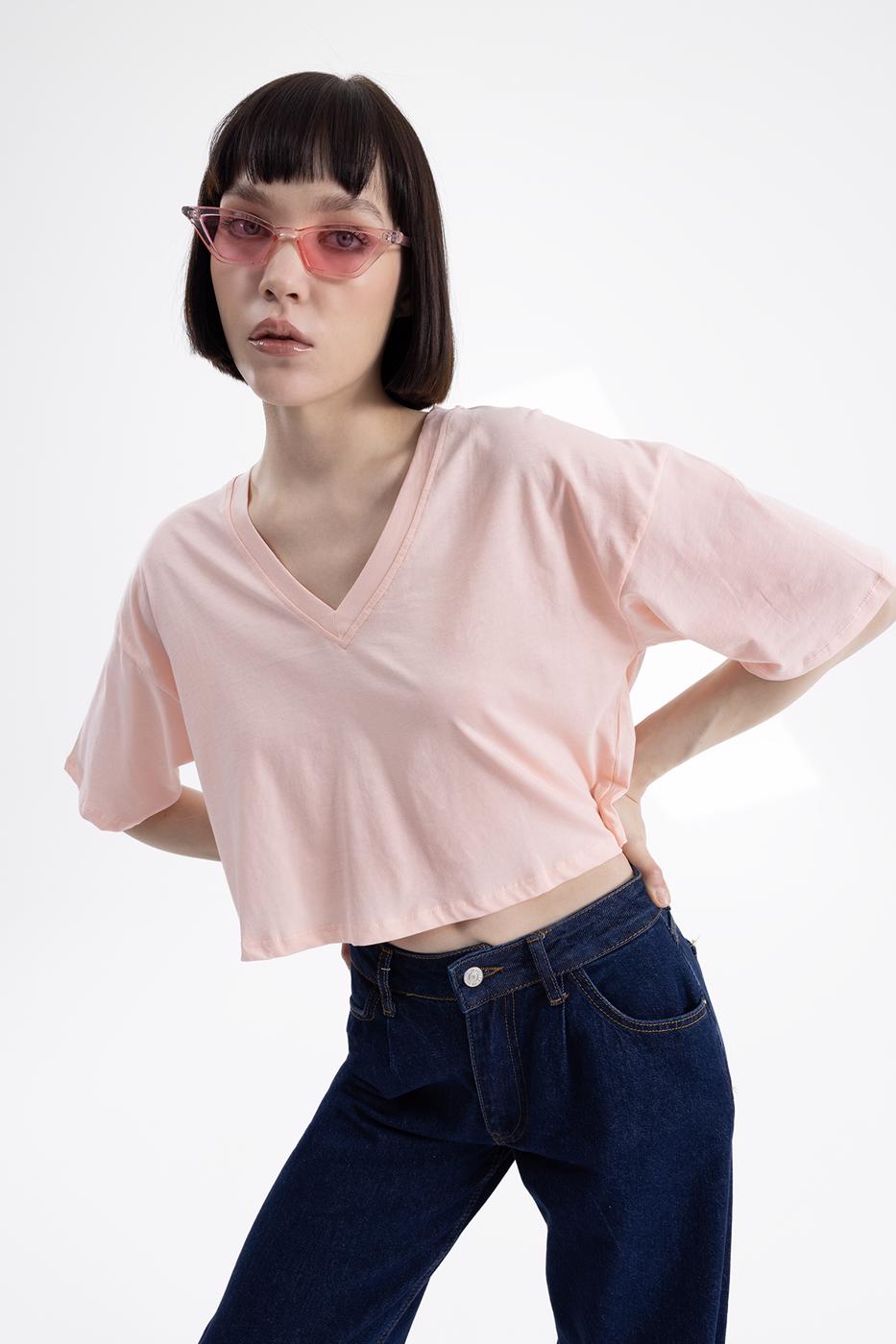 Bayan Pembe V Yaka Kısa Kollu Crop Tshirt