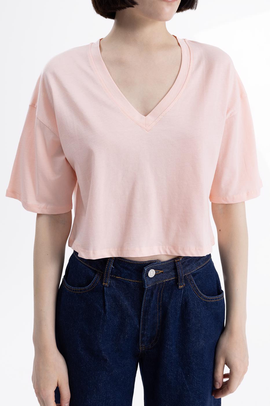 Bayan Pembe V Yaka Kısa Kollu Crop Tshirt