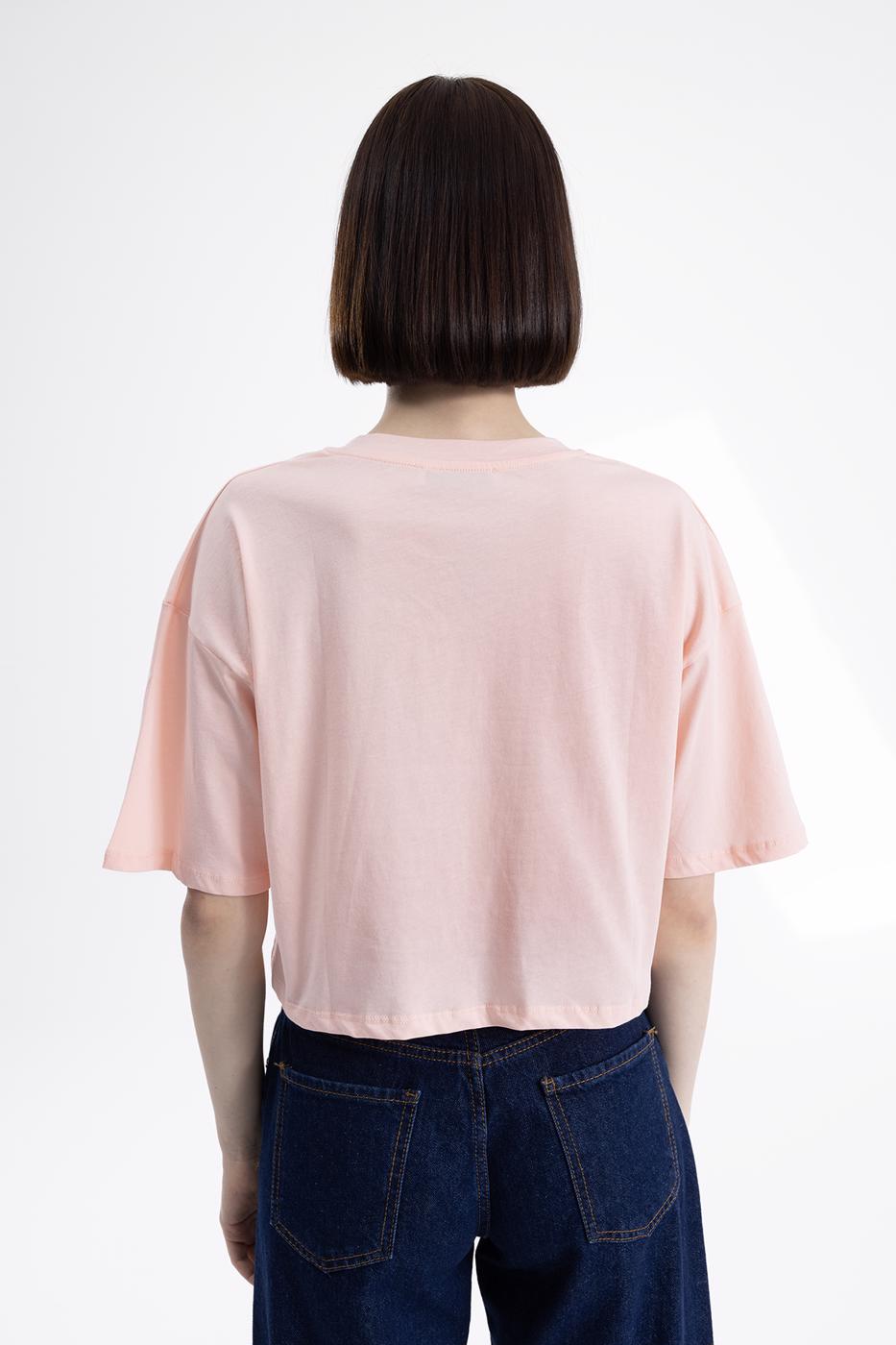 Bayan Pembe V Yaka Kısa Kollu Crop Tshirt