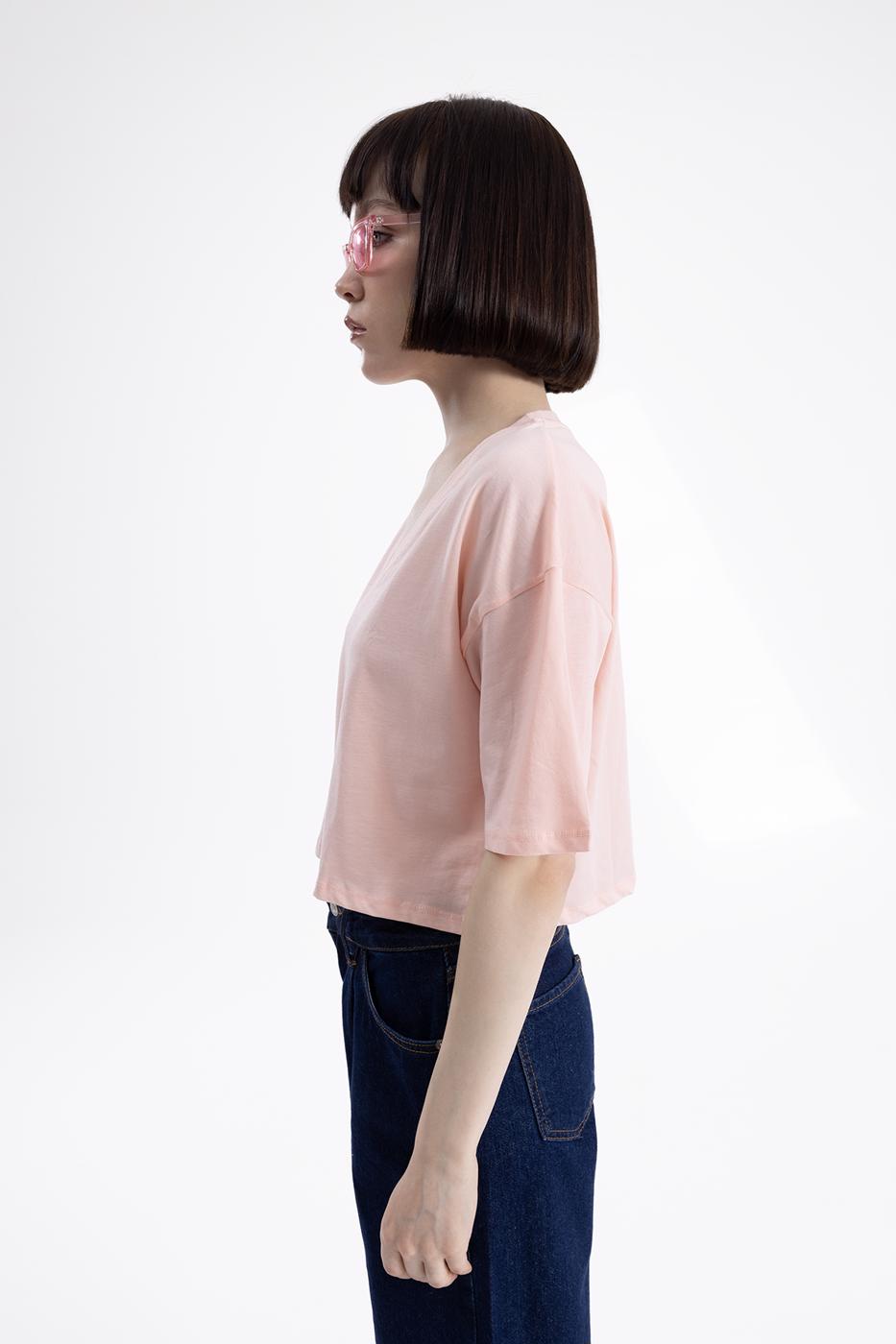 Bayan Pembe V Yaka Kısa Kollu Crop Tshirt