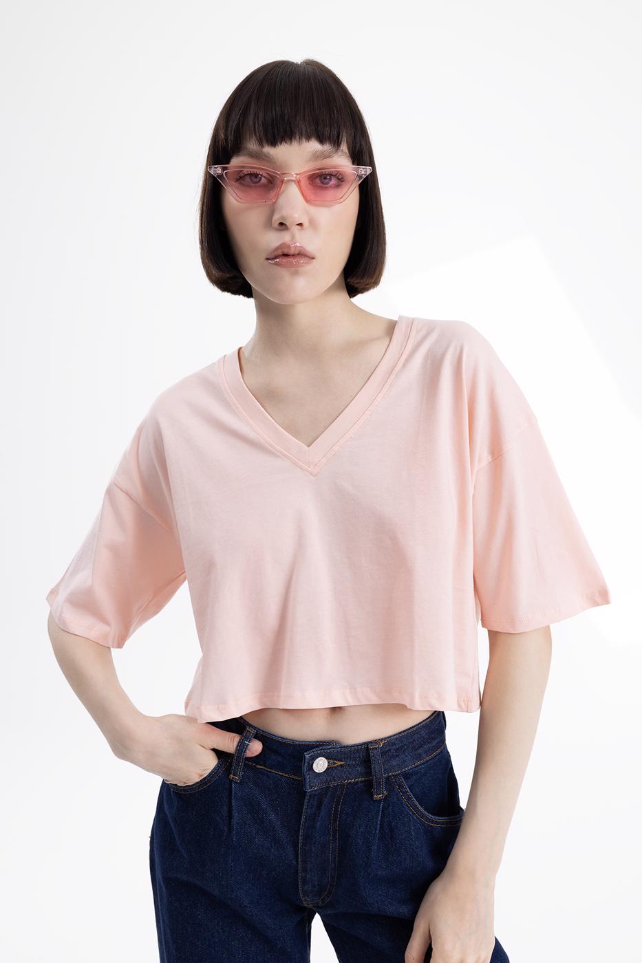 Bayan Pembe V Yaka Kısa Kollu Crop Tshirt