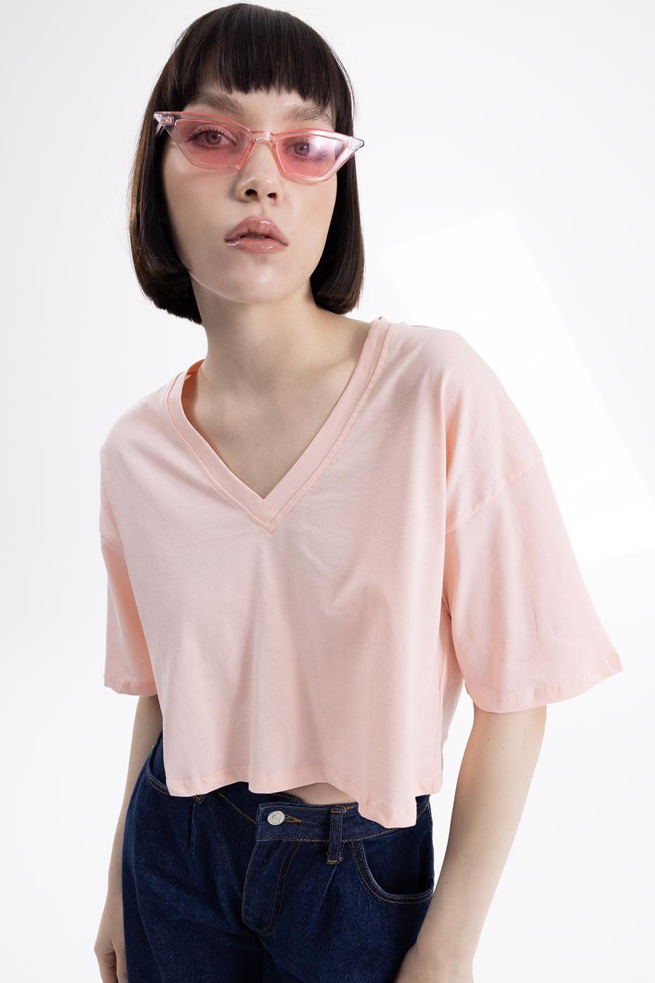 Bayan Pembe V Yaka Kısa Kollu Crop Tshirt