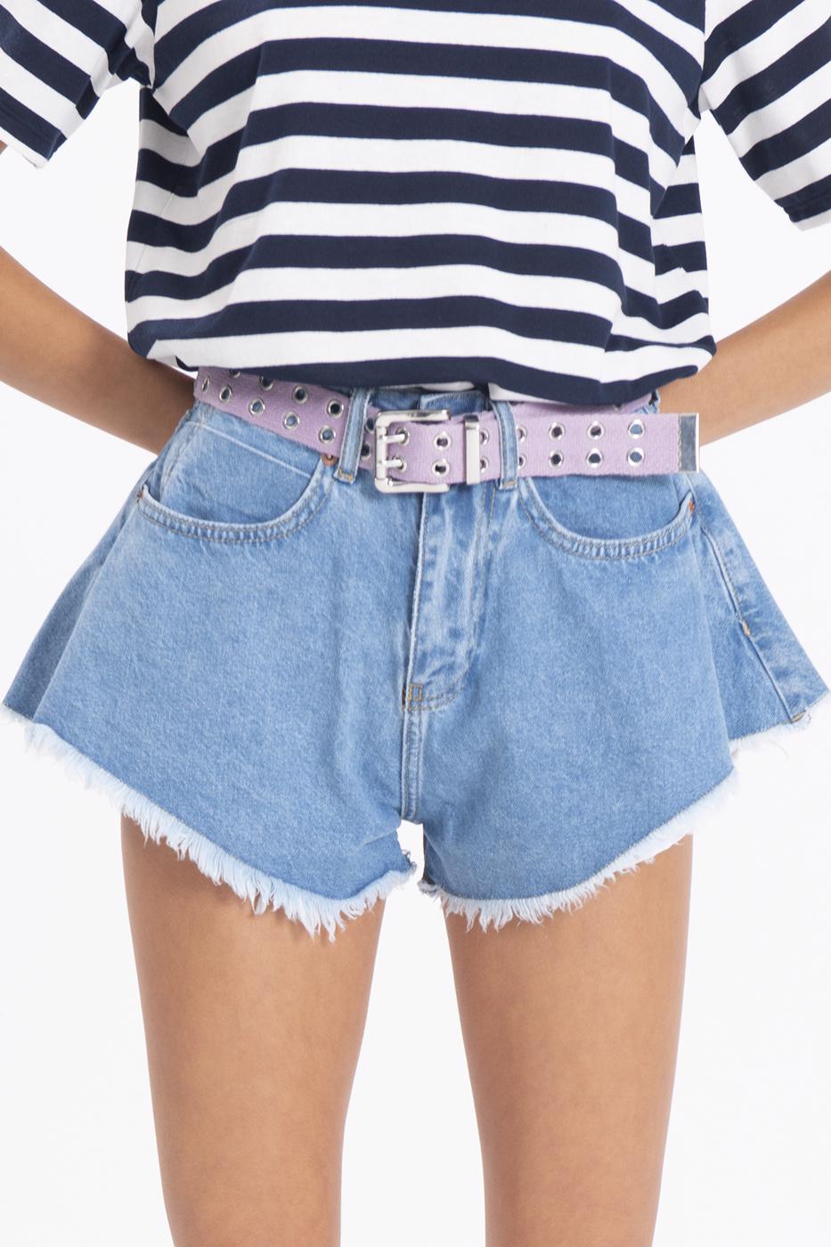 Bayan Mavi Paça Ucu Kesik Volanlı Denim Mini Şort