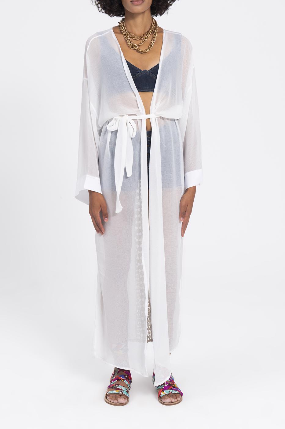 Bayan Beyaz Arka Dantel Detaylı Uzun Kimono