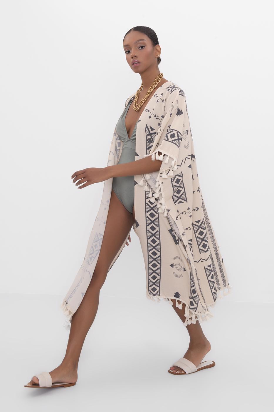 Bayan Ekru Etnik Desenli Kimono
